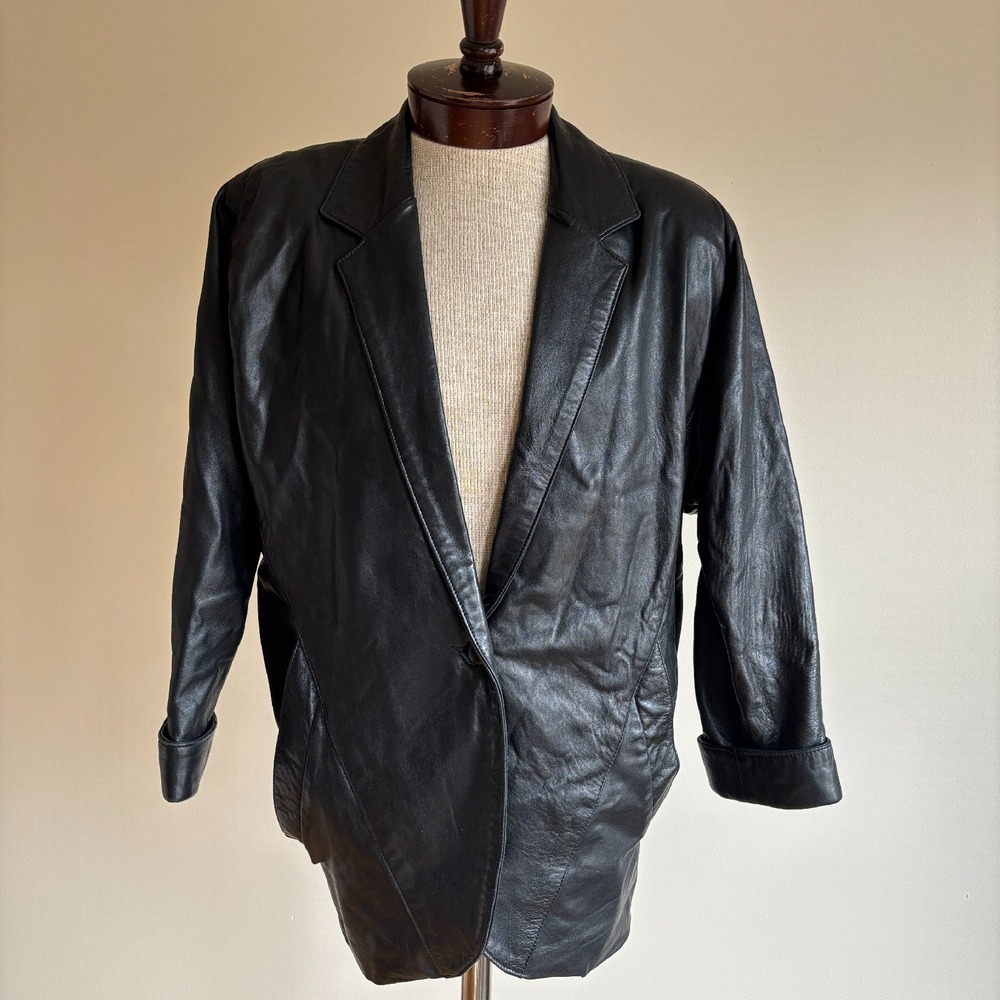 VTG‎ Leather Blazer Petite Raglan Jacket Oversized Padded Shoulder Made in USA